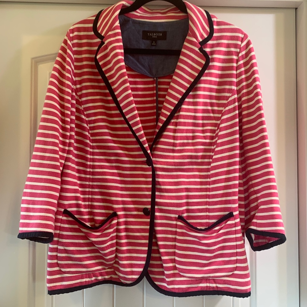 Talbots 1x Pink/White/Navy 3/4 Blazer
